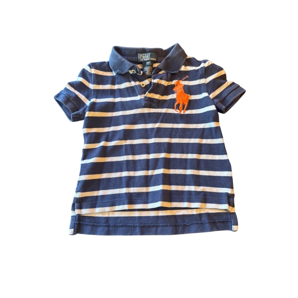 Ralph Lauren Polo Boys Navy & White Striped Big Pony Short Sleeve Shirt 2T